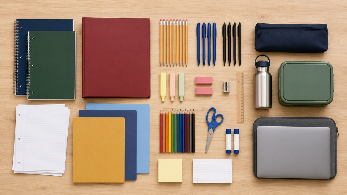 Back to School: An organized school supplies checklist featuring notebooks, folders, pens, highlighters, scissors, a water bottle, and a pencil case, all laid out on a wooden table.