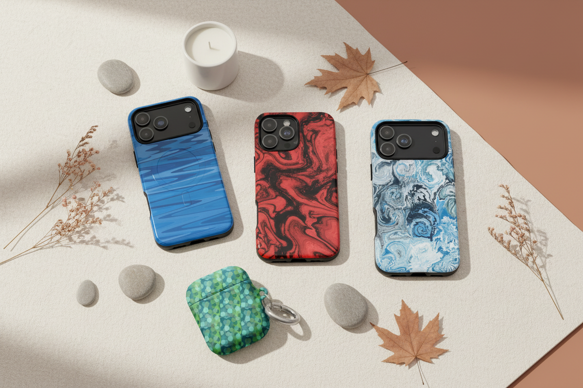 Stylish Apple Accessories featuring a collection of MagSafe® tough cases for iPhone®, with unique designs including blue waves, red swirls, and a marble pattern, displayed alongside AirPods cases on a textured background.
