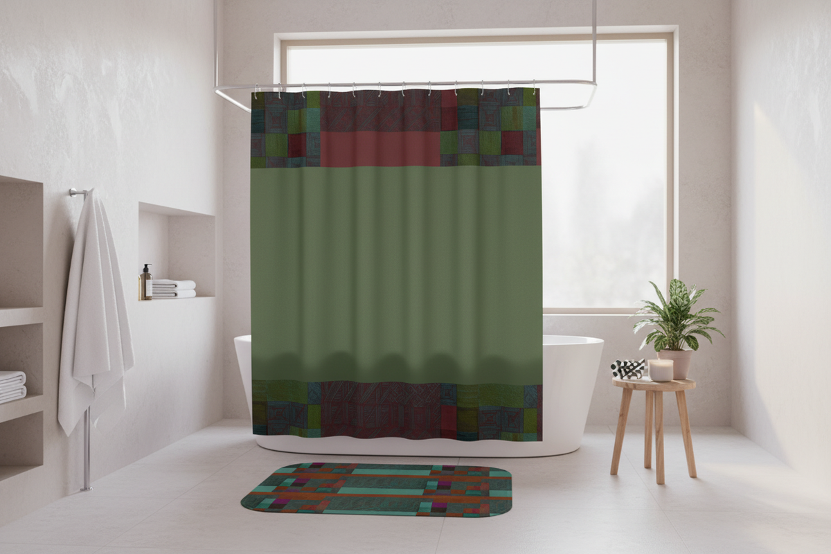 Bathroom Decor featuring a Boho inspired abstract coral and indigo shower curtain with a modern swirl pattern, perfect for adding a touch of style to your bath space.