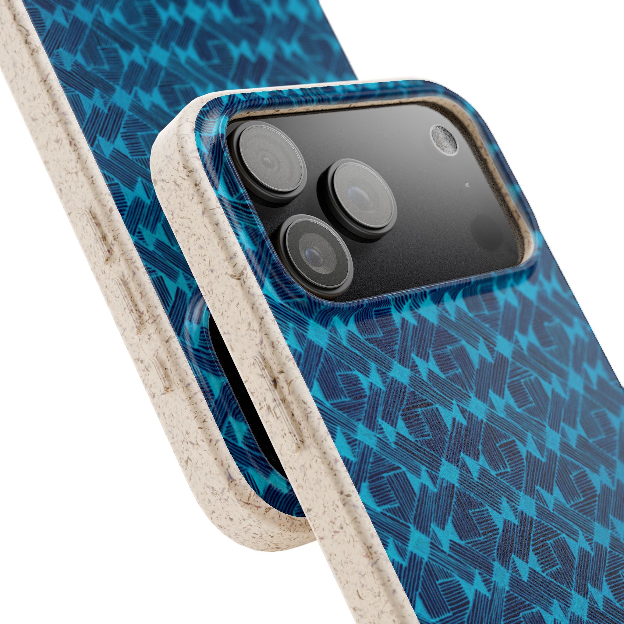 Close-up of the Eco-Friendly Blue Geometric Plant-Based Phone Case – Biodegradable & MagSafe® Compatible, highlighting its textured design and natural bamboo fiber blend.